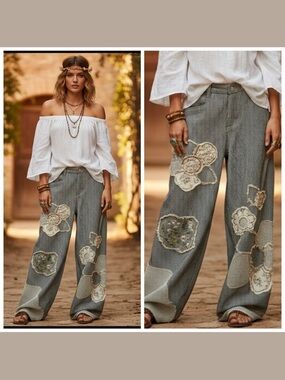 POL Wide-Leg Floral Patchwork Black and White Railroad Striped Jeans size Medium